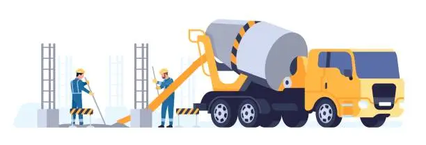 Vector illustration of Workers pour cement from concrete truck. Mixer machine. Building material transportation. Architecture construction foundament. Industrial vehicle. Builders in uniform. Vector concept