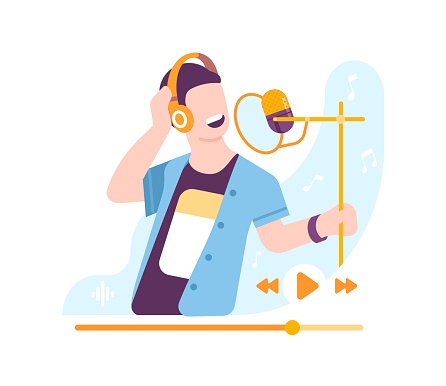 Young man wearing headphones sings in recording studio. Headset and microphone. Web audio player Music broadcasting. Soundtrack record. Multimedia equipment. Online songs streaming. Vector concept