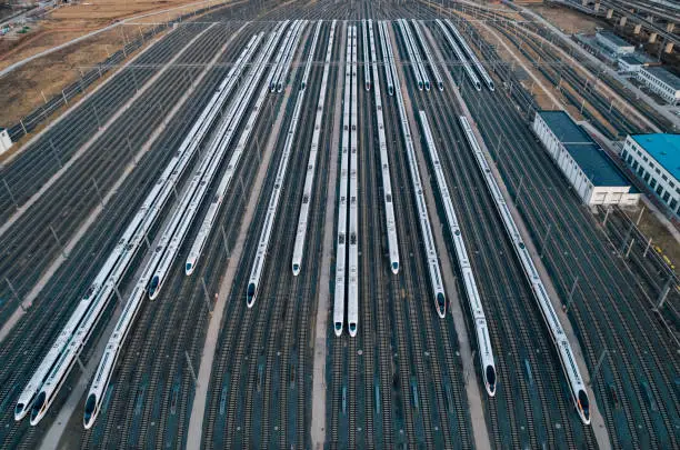 Aerial shot of the high-speed train parked on the railway