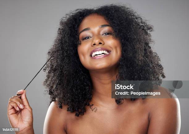 Beauty Hair And Black Woman In A Studio With Mockup For Wellness Skincare And Health While Grooming Against Grey Background Portrait Model And Cosmetic Hair Care And Clear Skin Relax Aesthetic Stock Photo - Download Image Now