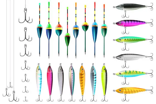 Vector illustration of Fishing lures, floats, hooks set. Vector collection for catching salmon, catfish, tuna, pike, perch, marlin, bass, trout or tarpon. Underwater wobblers for fisherman.