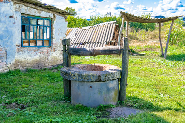 istock Old well with iron bucket on long forged chain for clean drinking water 1454123013