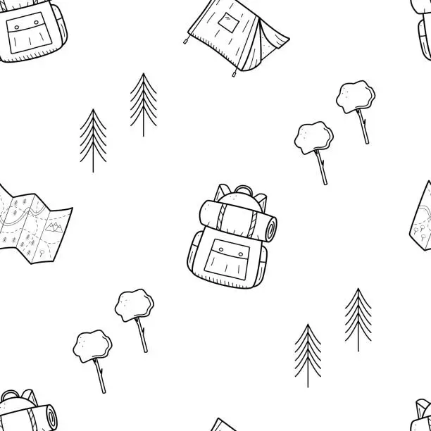 Vector illustration of Seamless Pattern Camping doodle icons set. Vector illustration of hiking elements.