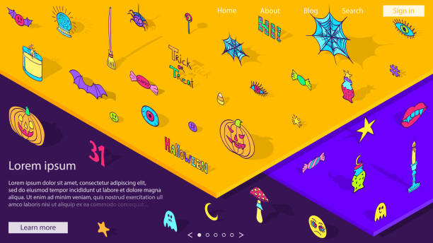 ilustrações, clipart, desenhos animados e ícones de doodles isométricos. adesivos de halloween. modelo de página da web. web design de halloween. plano. feriado de outono. incomum. abóbora. cair. ferramentas de bruxa. semiplano. fantasma. aranha. - spider web halloween corn pumpkin