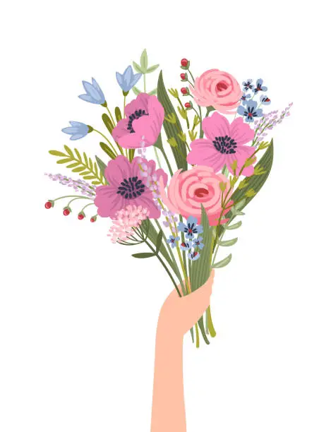 Vector illustration of Isolated llustration bouquet of flowers in female hand. Vector design concept for holyday and other