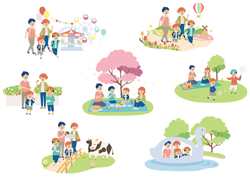 Illustration set of family enjoying spring outing