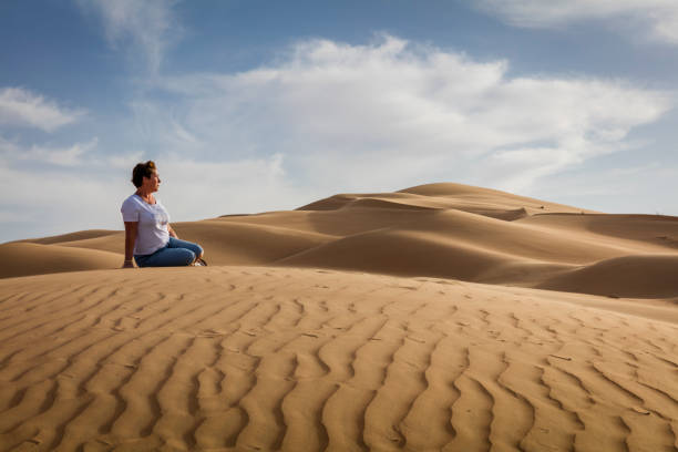 istock Senior traveler sitting on sand du 1454126882