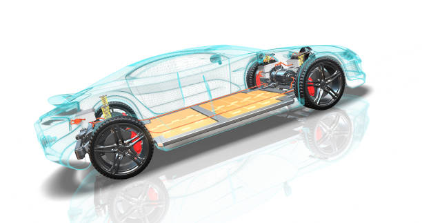 istock Generic electric car equipped with lithium battery pack. Wireframe body. 1454127150