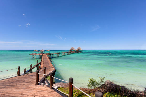 wooden jetty walk to an ocean bar - africa blue cloud color image imagens e fotografias de stock