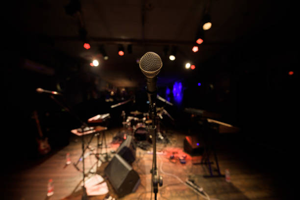 A P.O.V of a singer standing alone in front of the microphone.