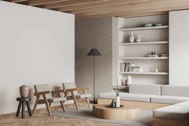 istock Corner view on bright living room interior with white wall 1454128571