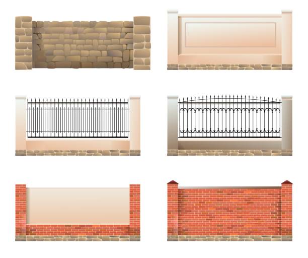 istock Set of fence. Stone and brick with concrete plaster. Forged iron. Isolated on white background Vector. 1454128691