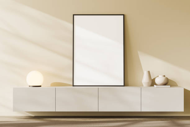 istock Modern gallery room interior with drawer and art decoration, mockup frame 1454129191