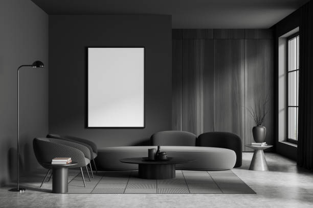 istock Grey living room interior with couch and seats, panoramic window. Mockup frame 1454129251
