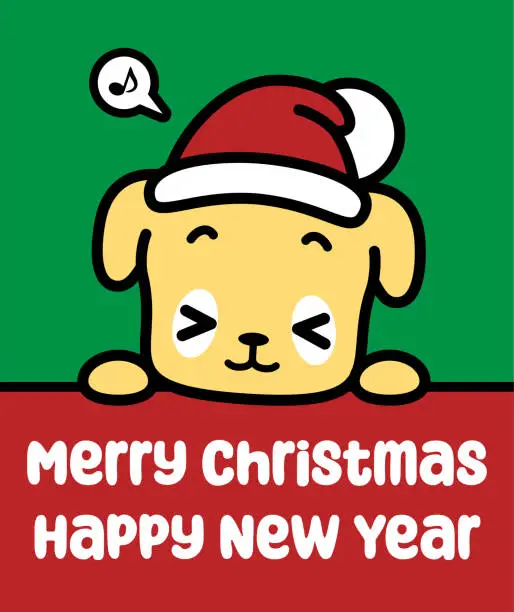 Vector illustration of A cute dog wearing a Santa hat holds a sign and wishes you a Merry Christmas and a Happy New Year