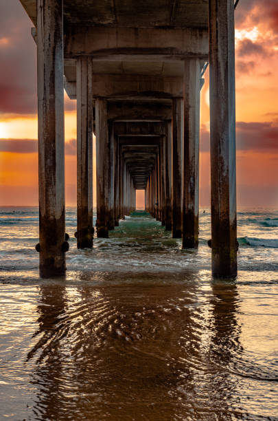 istock Vertical Shot of under the pier on a summer evening 1454129417
