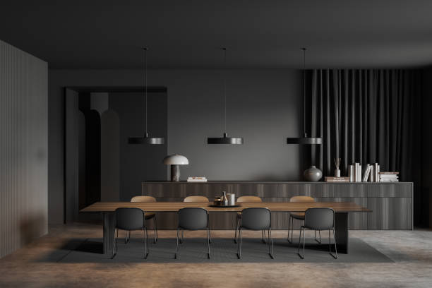 istock Grey office room interior with board, chairs and drawer with decoration 1454129490