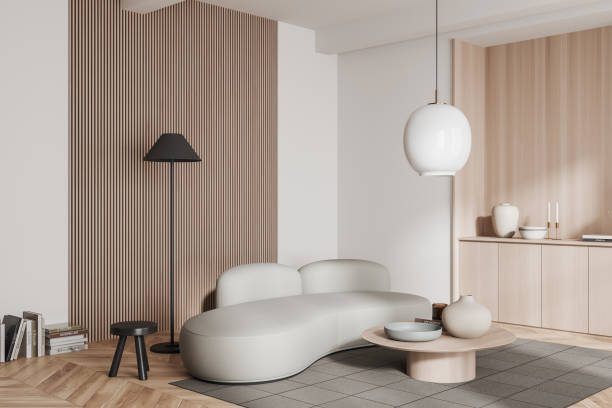 istock Corner view on bright living room interior with sofa 1454129615