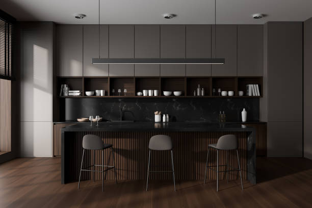 istock Front view on dark kitchen room interior with island, barstool 1454129819