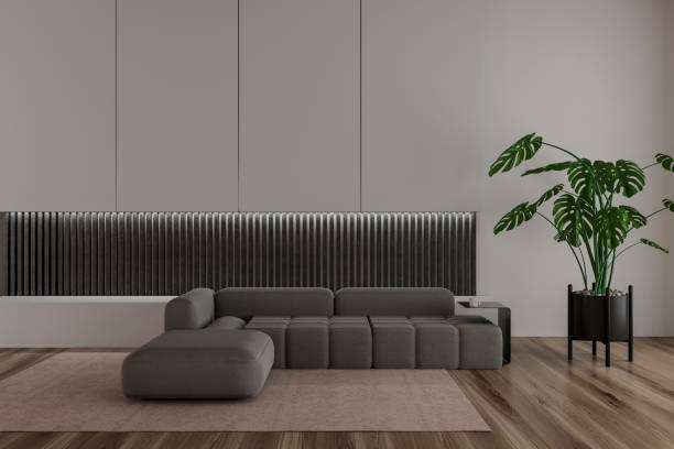 istock Light living room interior with soft place and decoration, empty wall 1454129983
