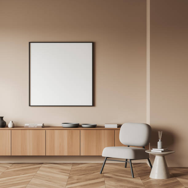 istock Light chill interior with armchair and drawer with decoration, mockup frame 1454130051