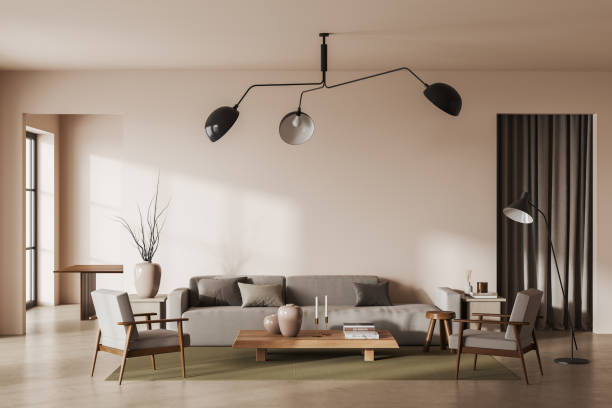 istock Light meeting interior with soft place, panoramic window and decor. Mockup wall 1454131166