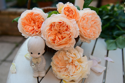 A closeup shot of Princess Margareta roses in a vase and a little figurine