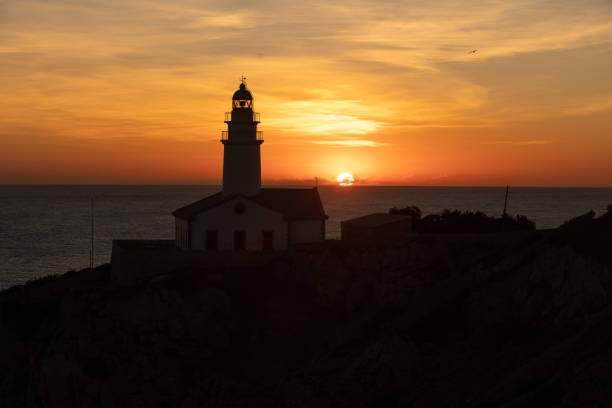 The Mallorca Lighthouse during the sunrise against a dramatic orange sky