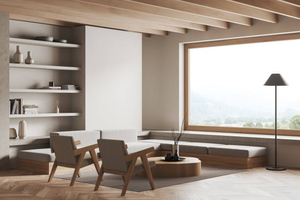 istock Light relax room interior with couch and seat, panoramic window. Mockup wall 1454132551