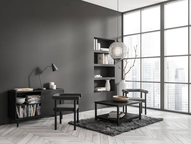 istock Grey meeting interior with armchairs and shelf, panoramic window. Mockup wall 1454132591