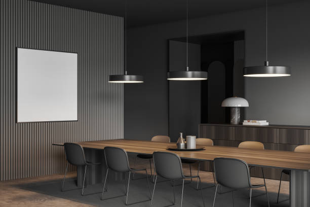 istock Grey meeting interior with desk, chairs and drawer. Mockup frame 1454133104