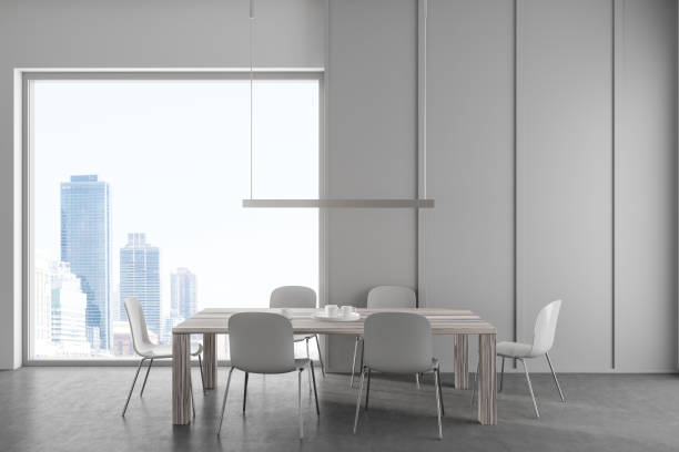 istock Modern living room interior with dining table and seats, panoramic window 1454133111