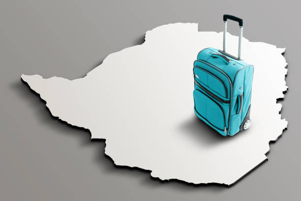 Blue suitcase on blank 3d map of Zimbabwe. Copy space. No people. Horizontal orientation.