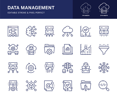 Data Management Vector Line Icons. This icon set consists of Monitoring, Data Source, Cloud Computing, Data Backup, Data Management and so on. Pixel Perfect, 2 pixel icons placed on a 64 x 64 pixel grid.