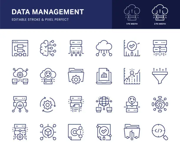 Vector illustration of Data Management Line Icons. This icon set consists of Monitoring, Data Source, Cloud Computing, Data Backup, Data Management and so on.