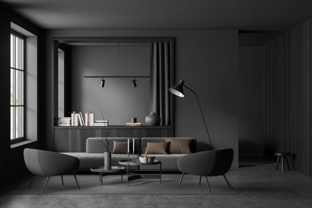 istock Grey chill room interior with couch and armchairs, drawer and panoramic window 1454133407