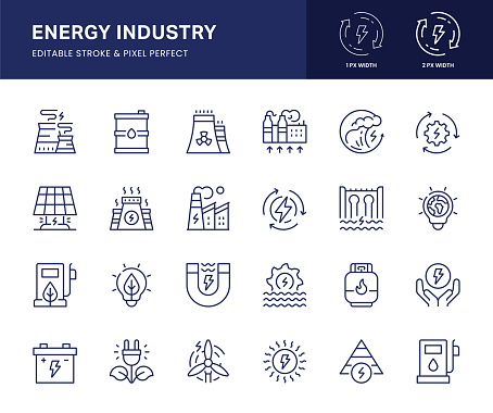 Energy Industry Vector Line Icons. This icon set consists of Geothermal Energy, Biomass, Solar Energy, Natural Gas, Nuclear Energy, Fossil Fuel and so on. Pixel Perfect, 2 pixel icons placed on a 64 x 64 pixel grid.