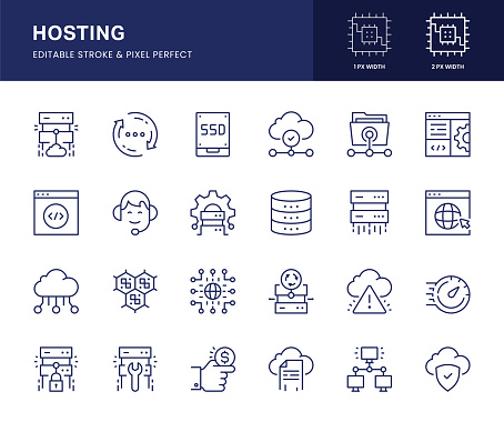 Hosting Vector Line Icons. This icon set consists of Domain, Server, Cloud Computing, Data Backup SSD Card and so on. Pixel Perfect, 2 pixel icons placed on a 64 x 64 pixel grid.