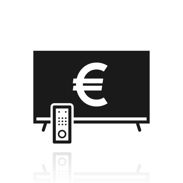 tv mit euro-zeichen. symbol mit reflexion auf weißem hintergrund - white currency remote shiny stock-grafiken, -clipart, -cartoons und -symbole