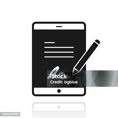 istock Electronic signature on tablet PC. Icon with reflection on white background 1454134992