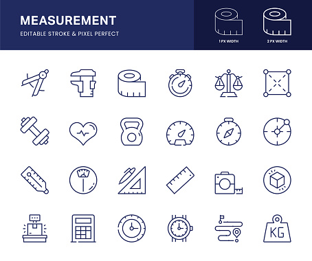 Measurement Vector Line Icons. This icon set consists of Ruler, Gauge, Scale, Tape Measure, Weight Scale and so on. Pixel Perfect, 2 pixel icons placed on a 64 x 64 pixel grid.