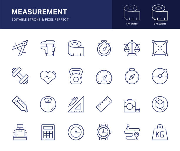 Measurement Line Icons. Measurement Vector Line Icons. This icon set consists of Ruler, Gauge, Scale, Tape Measure, Weight Scale and so on. Pixel Perfect, 2 pixel icons placed on a 64 x 64 pixel grid. measuring stock illustrations