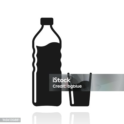 istock Bottle and glass of water. Icon with reflection on white background 1454135881