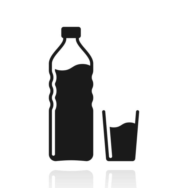 Bottle and glass of water. Icon with reflection on white background vector art illustration