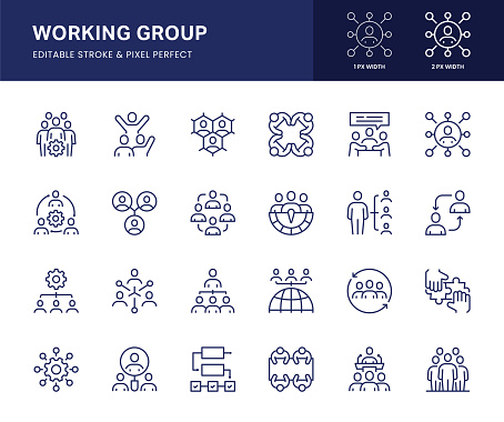 Working Group Vector Line Icons. This icon set consists of Hierarchy, Organization, Task List, Efficiency, Flow Chart, Business Meeting, Business Network and so on. Pixel Perfect, 2 pixel icons placed on a 64 x 64 pixel grid.