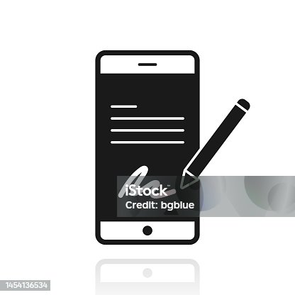 istock Electronic signature on smartphone. Icon with reflection on white background 1454136534