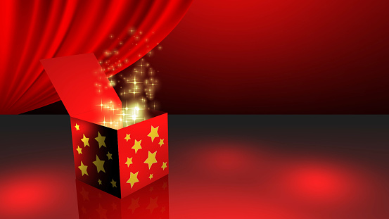 A 3D rendering of a spinning gift box opening gift with magic stars and light coming out from it