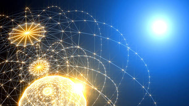 istock Network lights around a yellow ball - a white light on the top right corner 1454137421