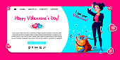 istock Love web page or app interface in cartoon style. Girl with a lover bulldog and a gift and with hearts on an abstract color background. 1454137652