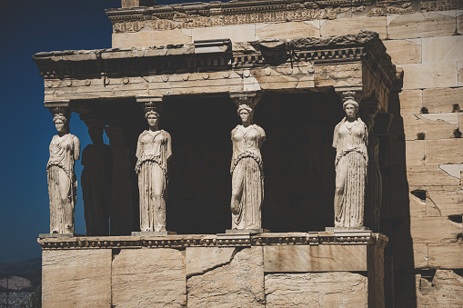 The ancient Porch of the Caryatids at the famous Erechtheion Greek temple